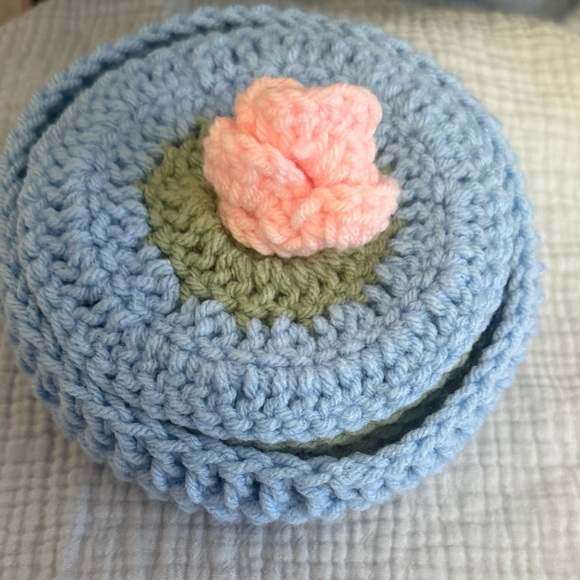 Handmade Other - Handmade Blue Pond Crochet Trinket Box with 4 Lilypad Coasters Inside